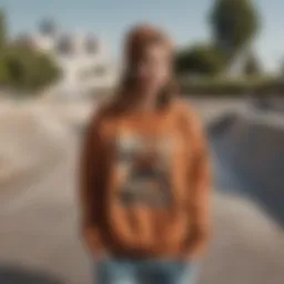 A woman showcasing a brown sweatshirt in an urban skate park setting