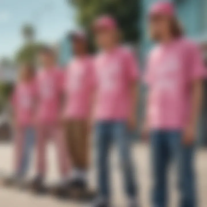 Group of skateboard enthusiasts showcasing their pink graphic shirts