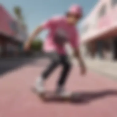 Skateboarder wearing a pink graphic shirt in urban setting