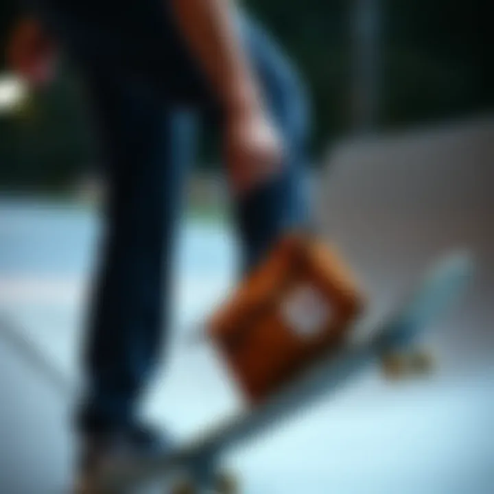 Skateboarder using the Carhartt pouch during a session