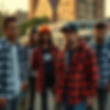 A group of skateboarders wearing Vans flannel in an urban setting