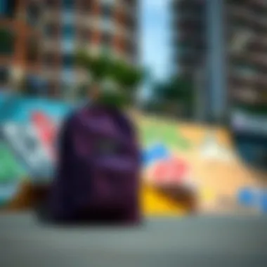 The dark purple JanSport backpack placed against a vibrant urban skate park backdrop.