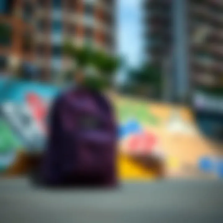 The dark purple JanSport backpack placed against a vibrant urban skate park backdrop.