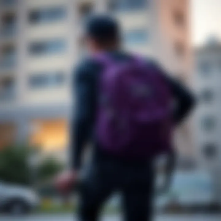 Illustration of the dark purple JanSport backpack being utilized by a skateboarder in motion.