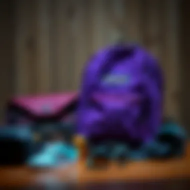 An array of accessories and gear accompanied by the dark purple JanSport backpack, reflecting youth culture.