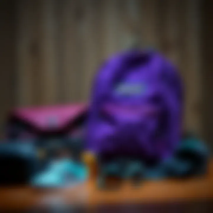 An array of accessories and gear accompanied by the dark purple JanSport backpack, reflecting youth culture.