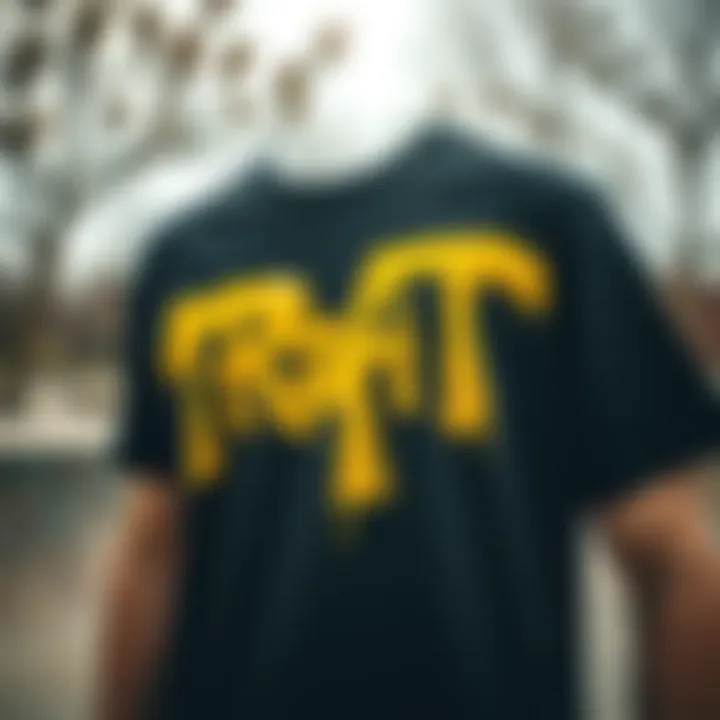 Graffiti Art on Black and Yellow T-Shirt in Skate Park A close-up of a black and yellow t-shirt with graffiti art in a skate park setting