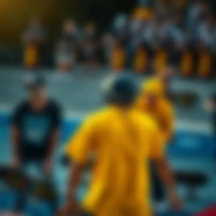 Exciting Skateboarding Competition Featuring Black and Yellow Apparel A vibrant scene depicting a skateboarding competition with participants in black and yellow apparel