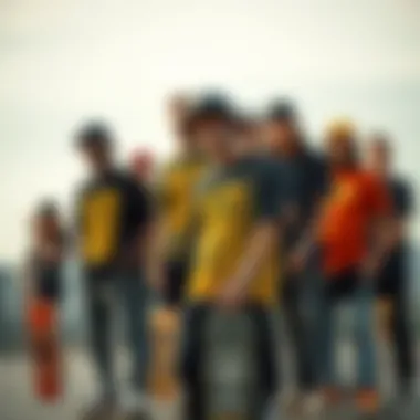 Skateboarders Displaying Style with Black and Yellow T-Shirts A group of skateboarders wearing black and yellow t-shirts showcasing their unique styles