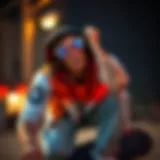 Skateboarder showcasing style in branded apparel