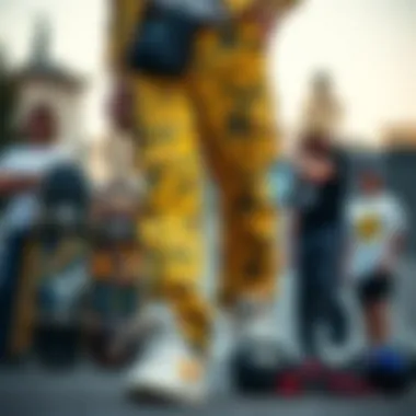 Yellow Camouflage Pants with Skate Accessories Stylish arrangement of yellow camouflage pants with skateboarding accessories
