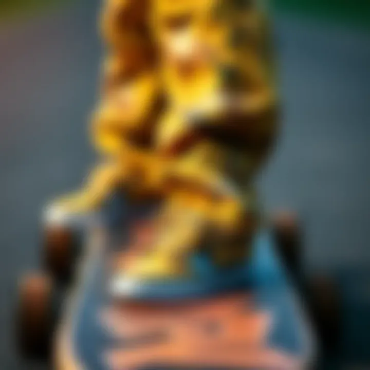 Close-Up of Yellow Camouflage Pants on Skateboard A close-up view of yellow camouflage pants displayed on a skateboard deck