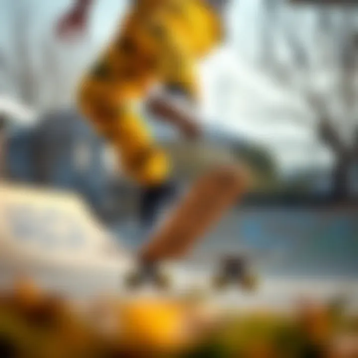 Skateboarder in Action with Yellow Camouflage Pants Skateboarder performing tricks while wearing yellow camouflage pants