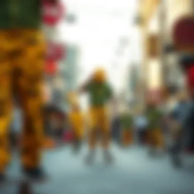 Street Scene with Skateboarders in Yellow Camouflage A vibrant street scene showcasing skateboarders in yellow camouflage attire
