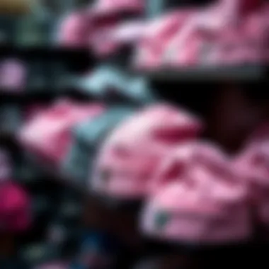 Showcasing the Pink Beanie Collection A collection of pink beanies displayed creatively at a skate shop