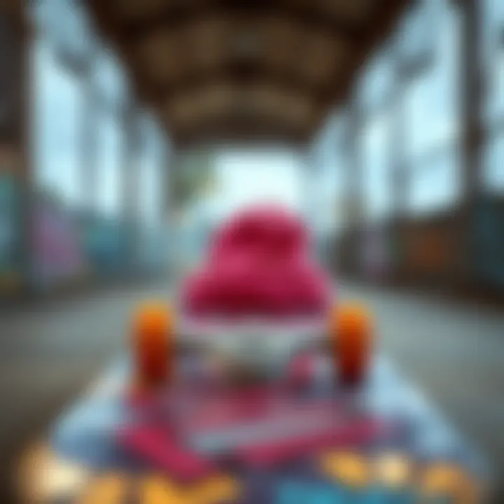 Cultural Intersection of Art and Fashion Skateboard deck with graffiti art and a pink beanie resting on it