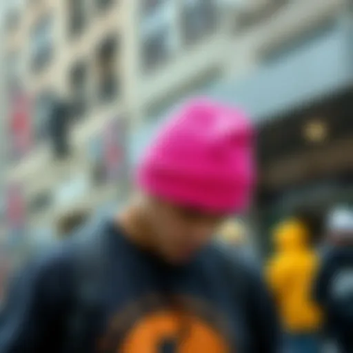 A vibrant pink beanie worn on a skateboarder's head during a street performance
