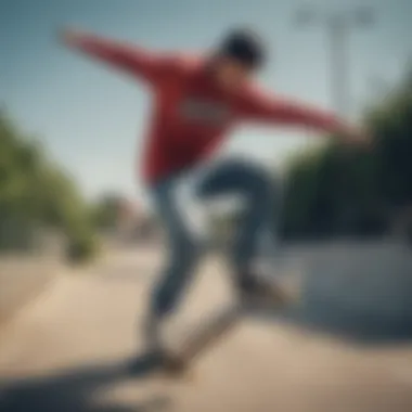 Skateboarder wearing Vans sweat shirt while performing a trick