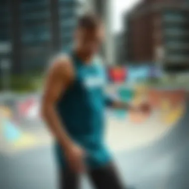 Skater wearing Ethika tank top in an urban skatepark setting