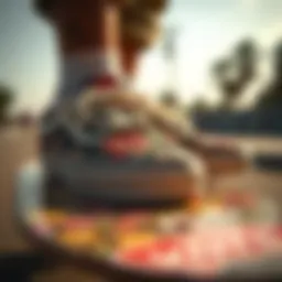 Close-up view of floral skateboard shoes on a skate deck