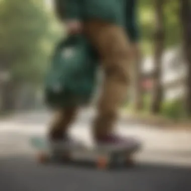 Skateboarder with a forest green Jansport backpack in action