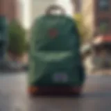 Forest green Jansport backpack showcased in an urban setting