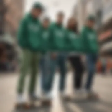 A group of skaters in green crewnecks representing unity and style