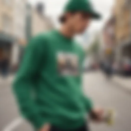 A stylish green crewneck worn during a skateboarding session