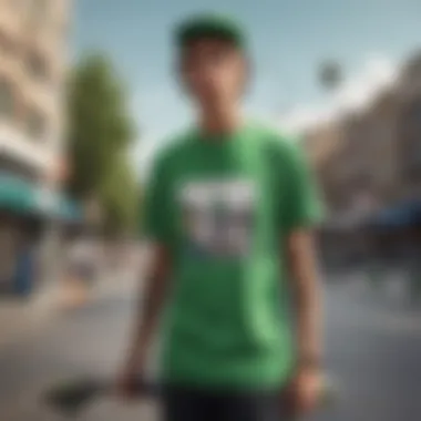 A skateboarder showcasing the green essentials shirt in an urban setting