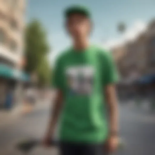 A skateboarder showcasing the green essentials shirt in an urban setting