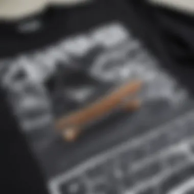 A close-up view of a print black shirt featuring iconic skate culture graphics