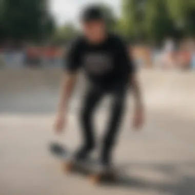 An urban skate park scene showcasing skaters wearing stylish print black shirts