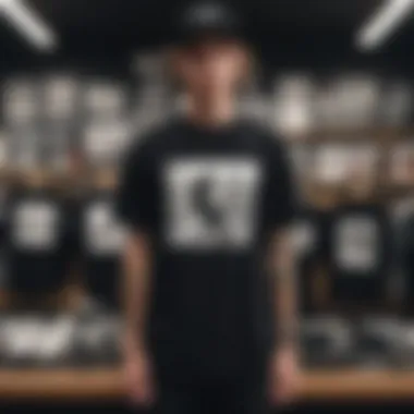 Trendy Selections in Skate Fashion A selection of print black shirts displayed in a trendy skate shop