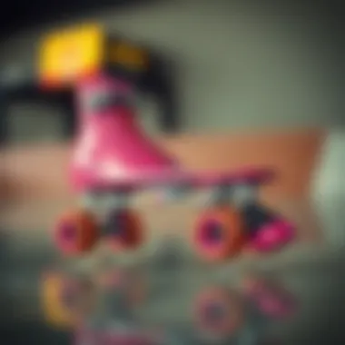 Side profile of the pink quad skate on a polished surface