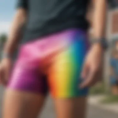 Close-up of colorful spandex shorts reflecting skate culture style