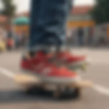 Group of skateboards with Adidas Samba shoes in a skate park