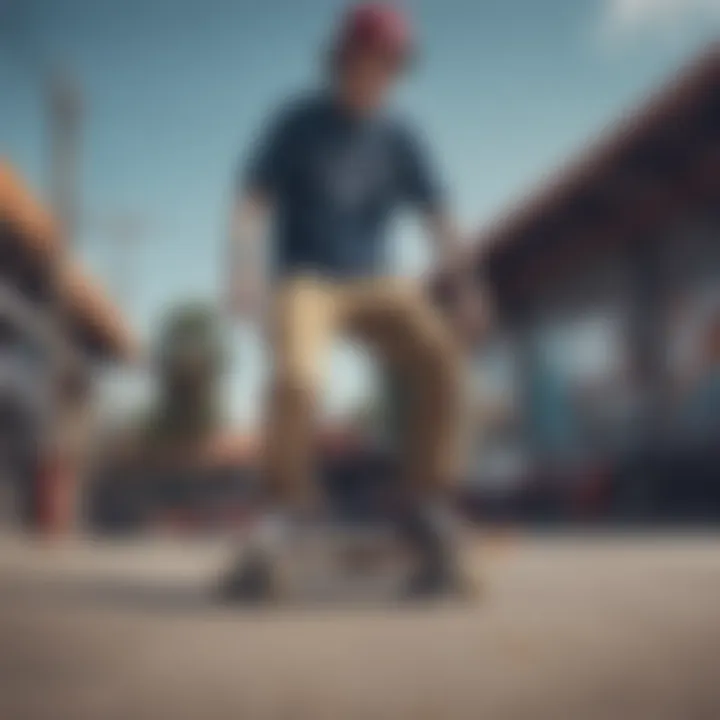 A skateboarder wearing a web belt that complements their attire