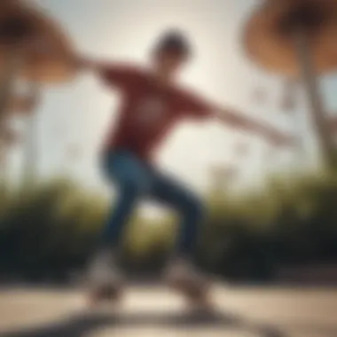 A skateboarder wearing a mushroom crop top, captured in a dynamic pose that exemplifies the blend of fashion and skate culture.