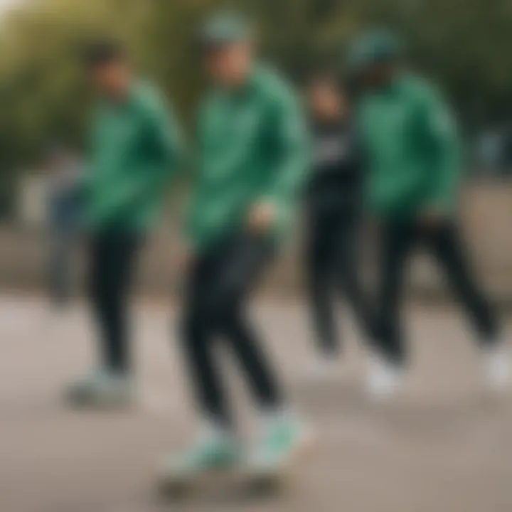 Group of skaters showcasing their green Nike Blazers