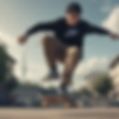 An action shot of a skateboarder wearing a Nike crewneck.