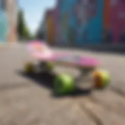 A colorful penny board resting on a vibrant street with graffiti art