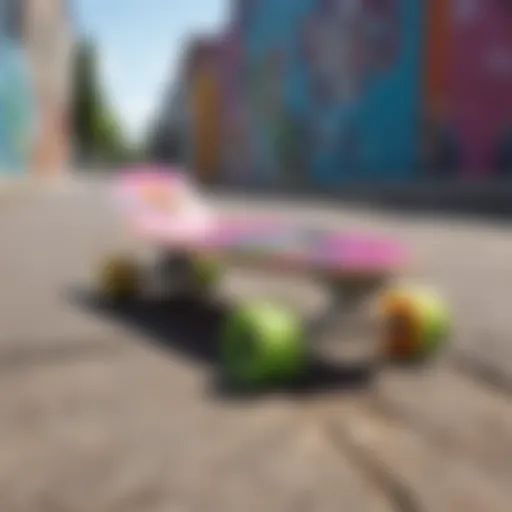 A colorful penny board resting on a vibrant street with graffiti art