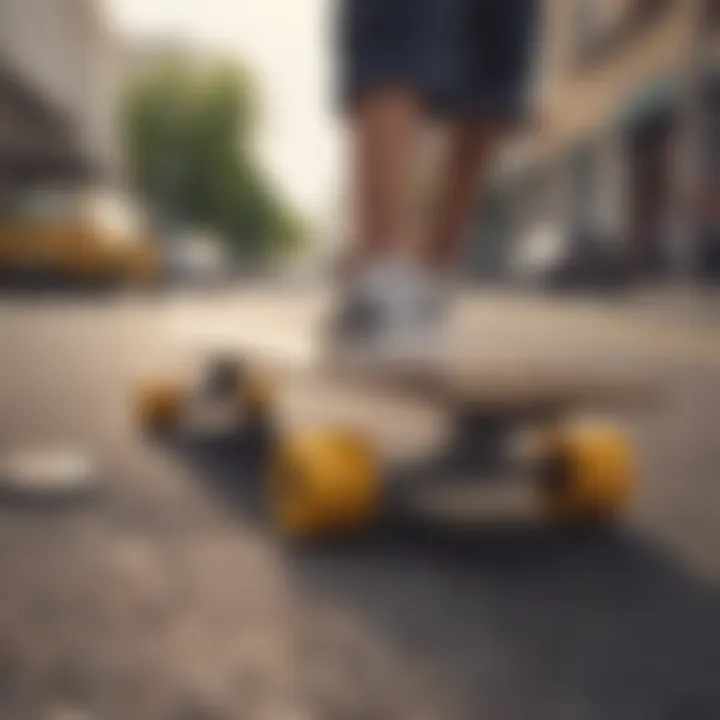 A stylish penny board displayed with key features highlighted