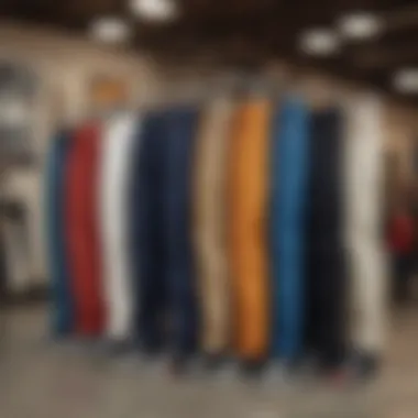 A display of different Dickies pants styles and colors