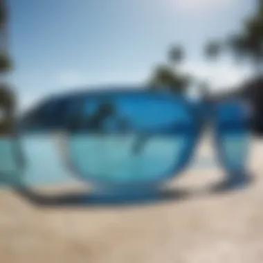 Close-up of blue water sunglasses highlighting their unique lens design.