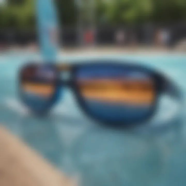 A collection of popular blue water sunglasses brands favored by skateboarders.