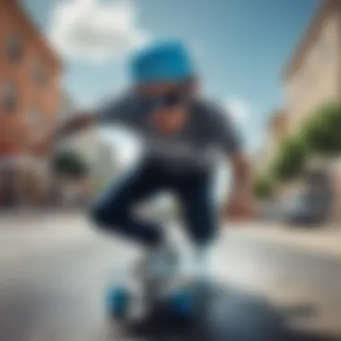 Skateboarding scene with vibrant colors showcasing blue water sunglasses in action.