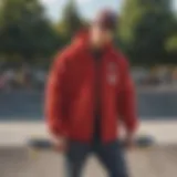 A vibrant red sherpa jacket displayed in a skate park setting