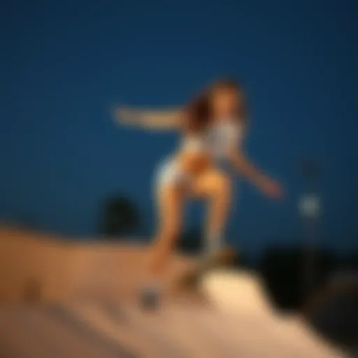 Dynamic female skater demonstrating agility in sweat shorts on a skate ramp