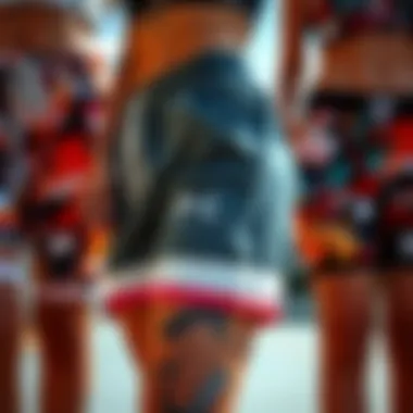 Close-up of various styles of female sweat shorts showcasing vibrant designs